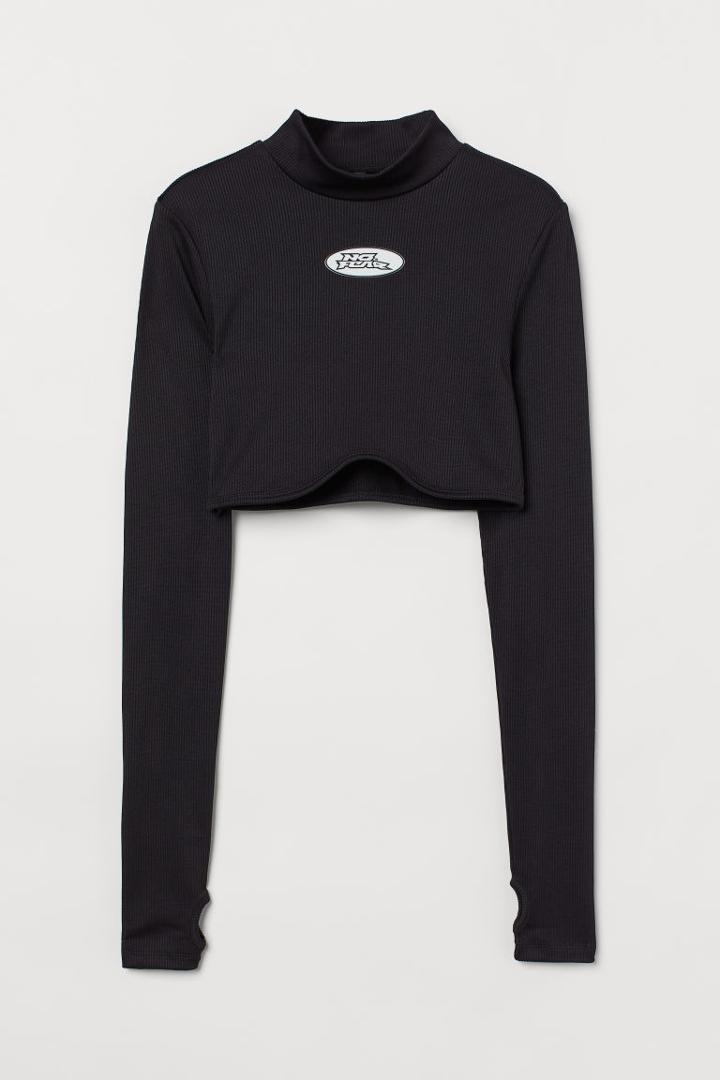 H & M - Long-sleeved Crop Top - Black
