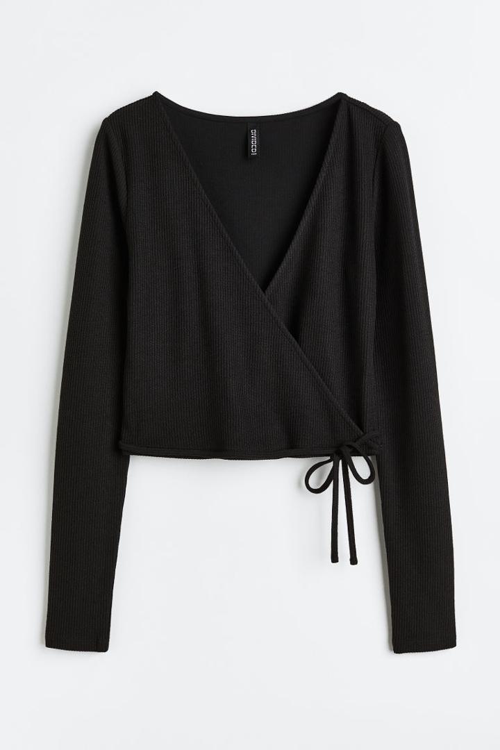 H & M - Wrapover Ribbed Top - Black