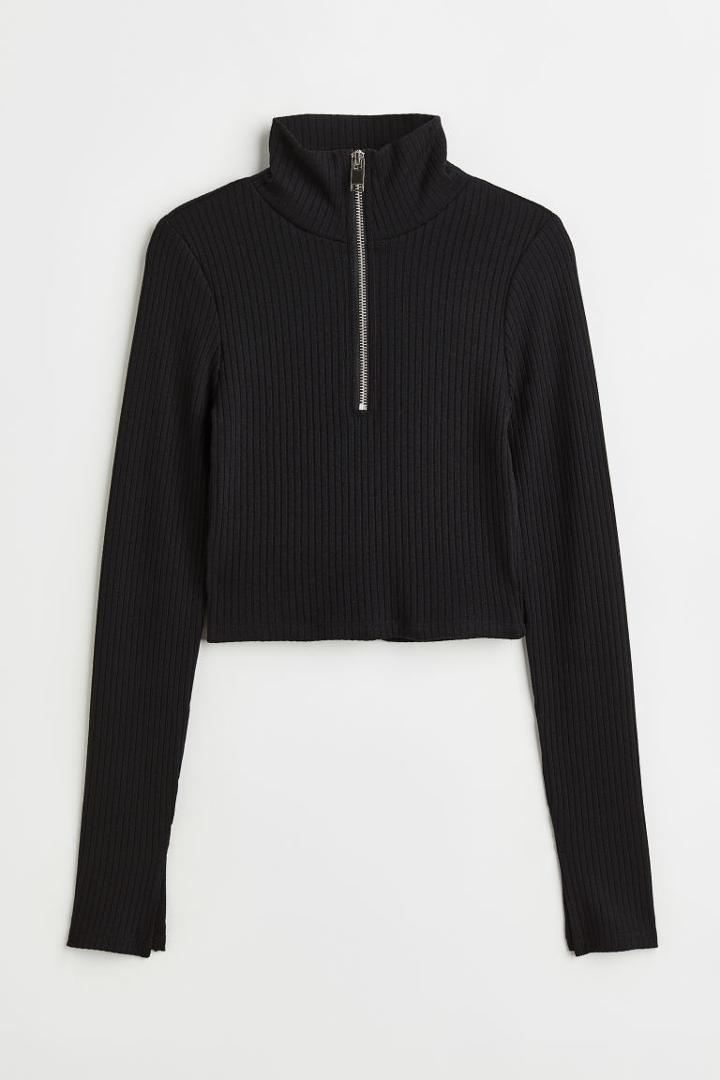 H & M - Half-zip Rib-knit Top - Black