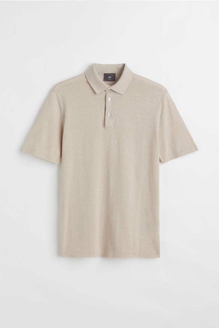 H & M - Slim Fit Fine-knit Polo Shirt - Beige