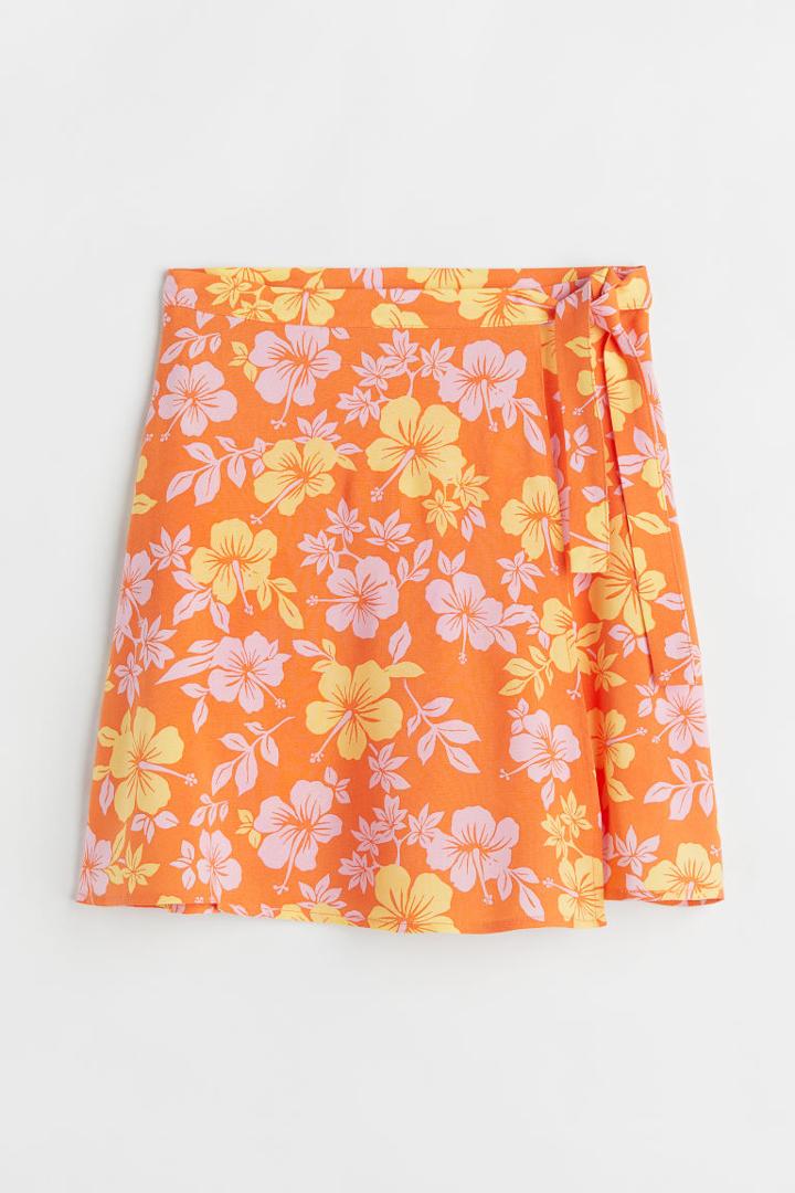H & M - Patterned Wrap-front Skirt - Orange