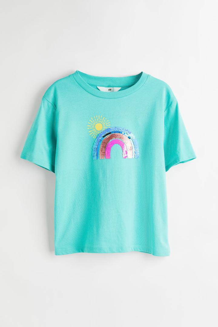 H & M - Reversible Sequin-motif T-shirt - Turquoise