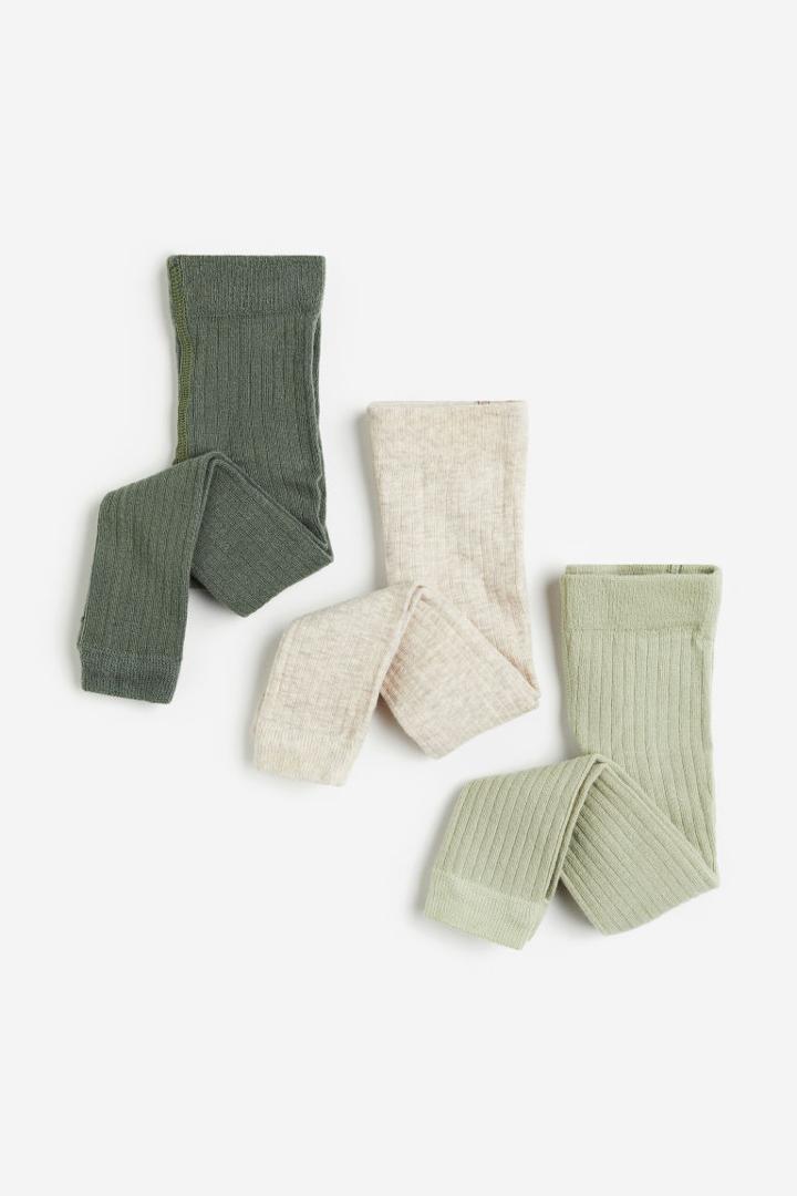 H & M - 3-pack Ribbed Leggings - Green