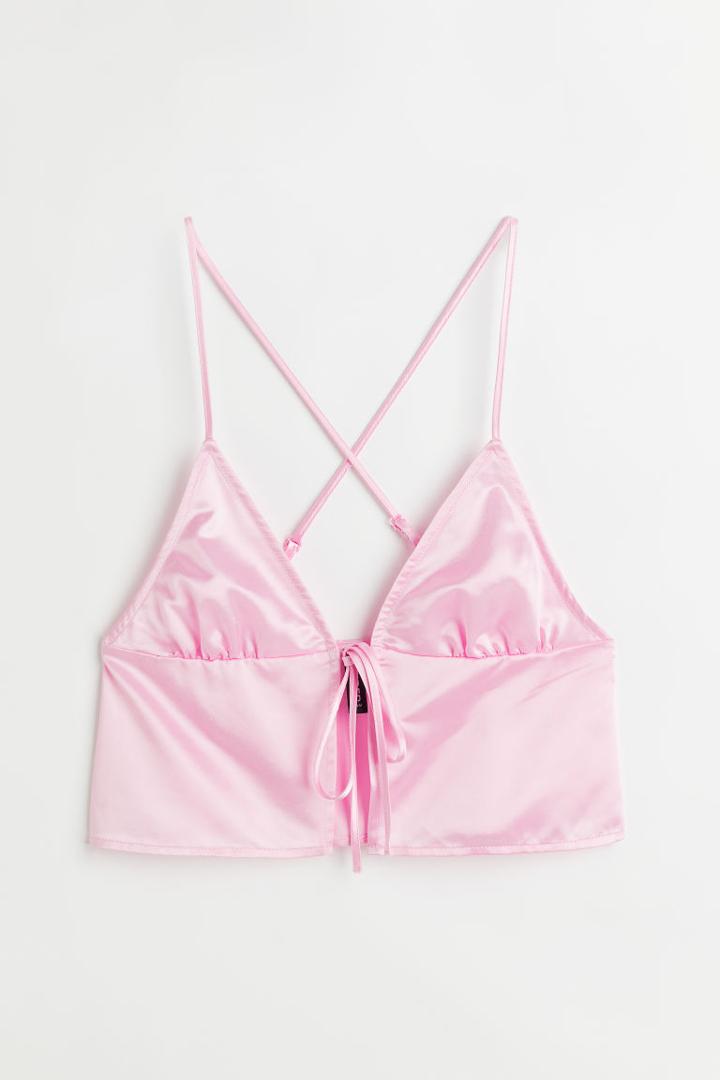 H & M - Tie-detail Satin Top - Pink
