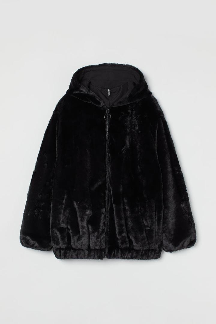 H & M - Faux Fur Hooded Jacket - Black