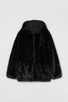 H & M - Faux Fur Hooded Jacket - Black