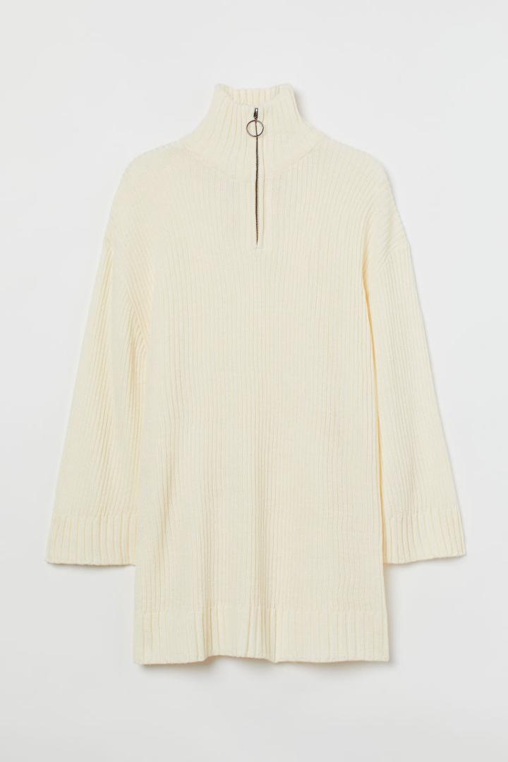 H & M - H & M+ Rib-knit Half-zip Sweater - White