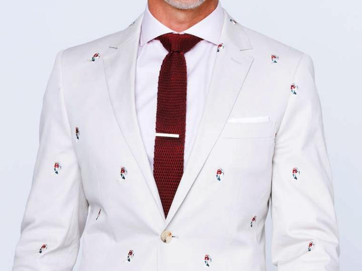 Indochino Stone Vintage Pinup Embroidered Stretch Cotton Custom Tailored Men's Suit