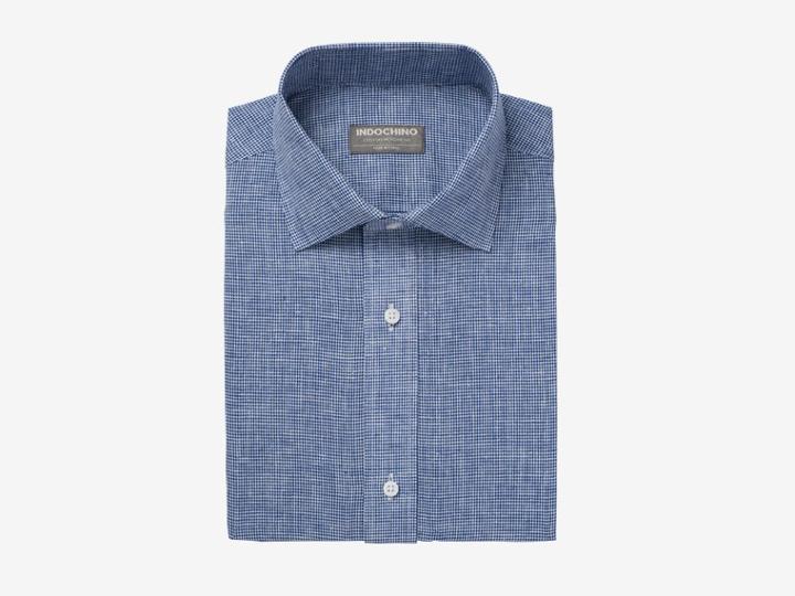 Indochino Navy Micro Gingham Cotton-linen Custom Tailored Men's Dress Shirt
