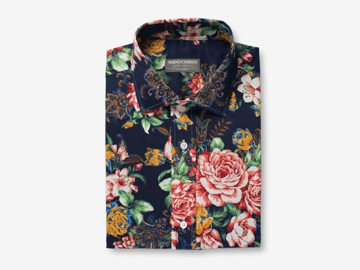Indochino Navy Peony Print Custom Tailored Men's Dress Shirt