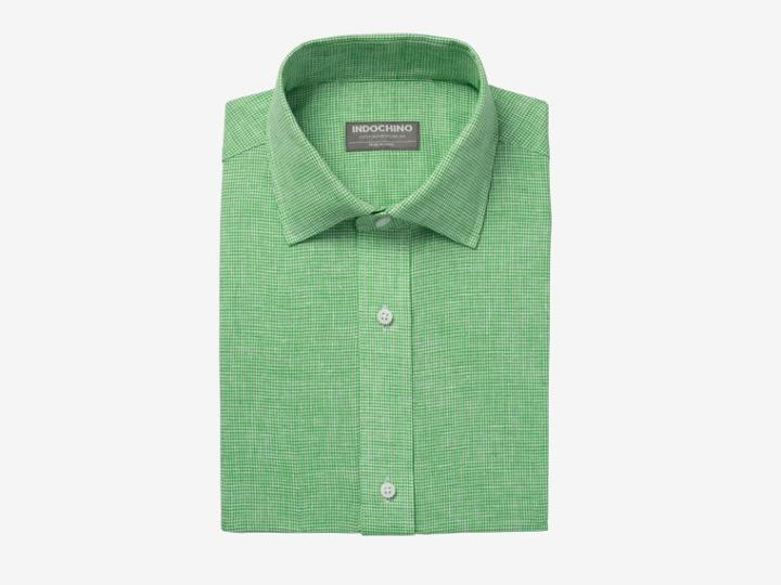 Indochino Summer Green Micro Gingham Cotton-linen Custom Tailored Men's Dress Shirt