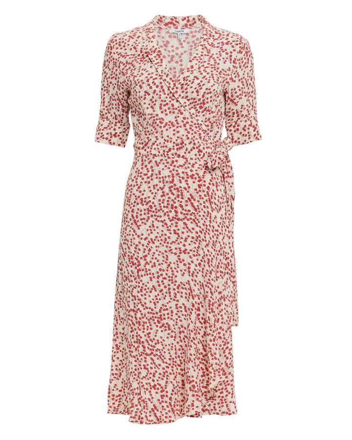 Ganni Printed Crepe Wrap Midi Dress Red/white 40