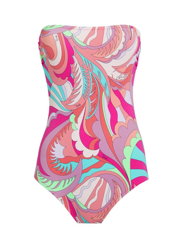 Emilio Pucci Swirl Print Strapless One Piece Swimsuit Pink Swirl Print 40