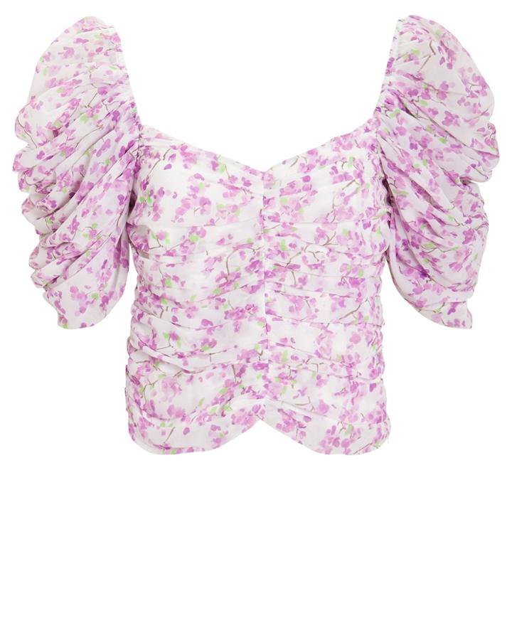 Caroline Constas Floral Silk Ruched Blouse Ivory/lilac P