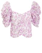 Caroline Constas Floral Silk Ruched Blouse Ivory/lilac P