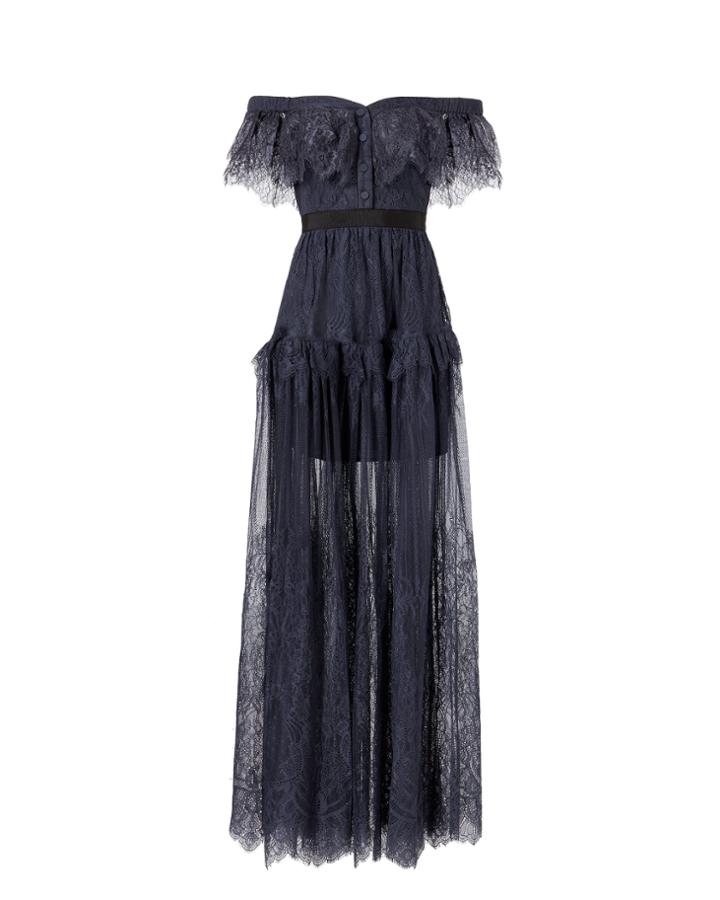 Self-portrait Off Shoulder Fine Lace Maxi Dress Navy Zero
