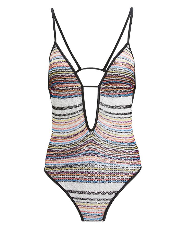 Missoni Mare Plunging V-neck One Piece Swimsuit Black/white/blue 38