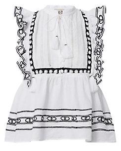 Sea Navy Embroidered White Ruffle Tank