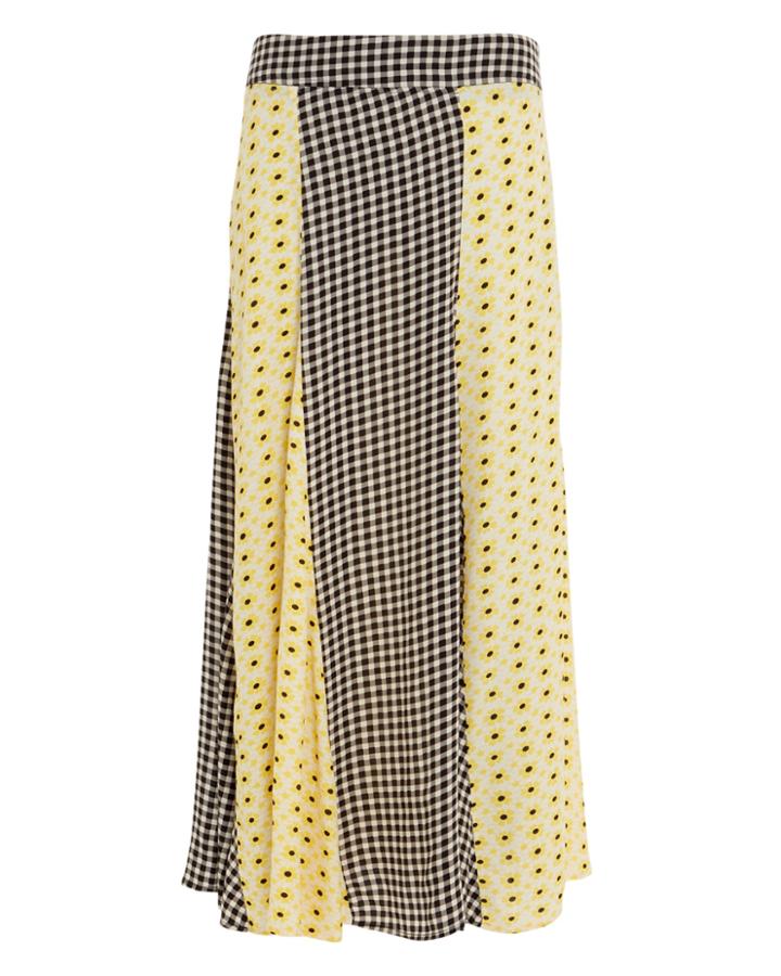 Ganni Mixed Print Crepe Midi Skirt Black/yellow 38