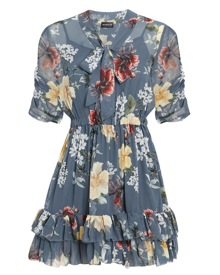 Nicholas Slate Floral Mini Dress Slate Blue 2