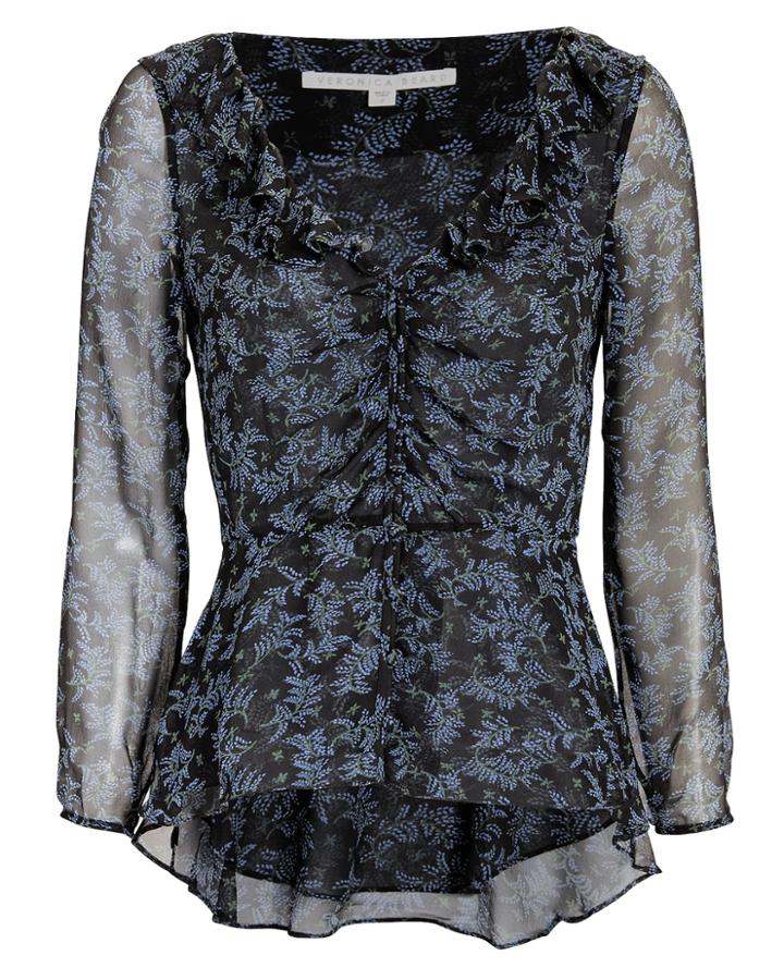 Veronica Beard Boyce Floral Peplum Silk Blouse Blue-drk 2