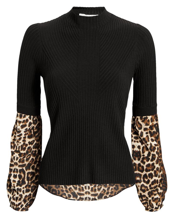 Veronica Beard Leopard Combo Moon Sweater Black P