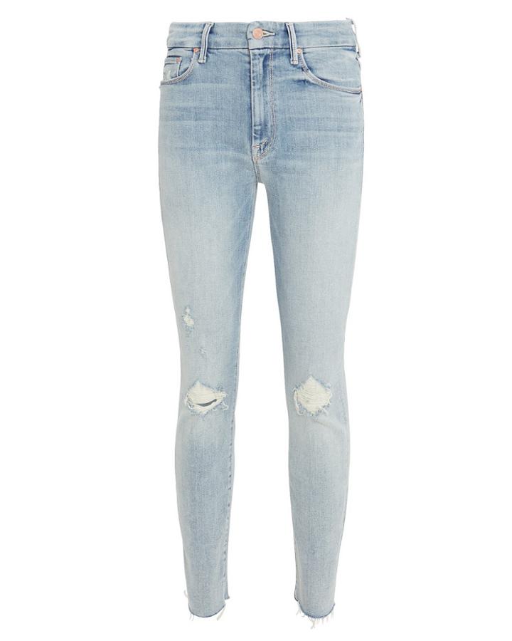 Mother Looker Distressed Skinny Jeans. Light Blue Denim 26