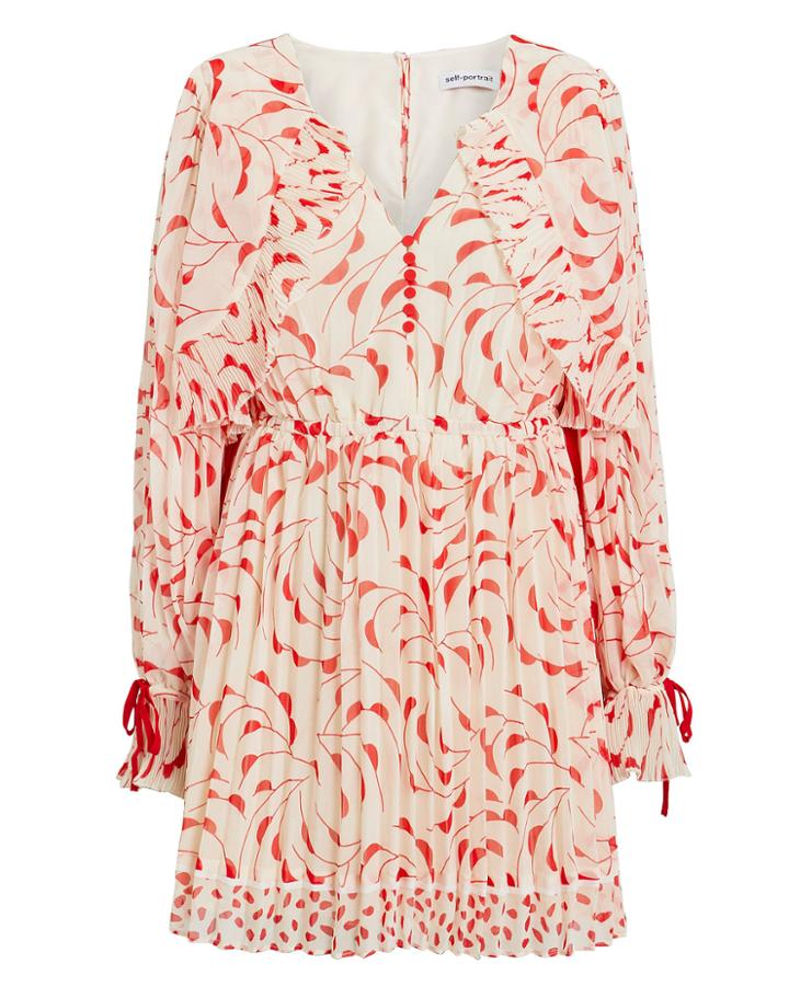 Self-portrait Crescent Printed Cape Mini Dress Red/white 10