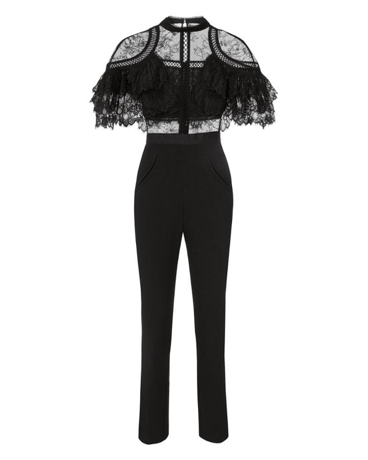 Self-portrait Fine Lace Paneled Jumpsuit Black Zero