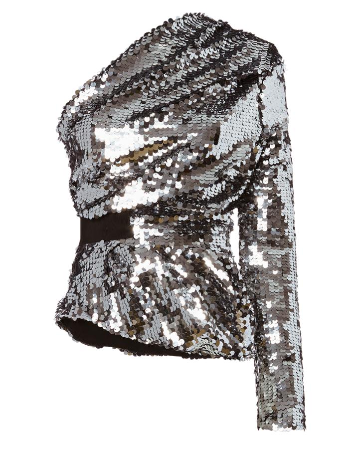 Carven Silver Sequin One Shoulder Top