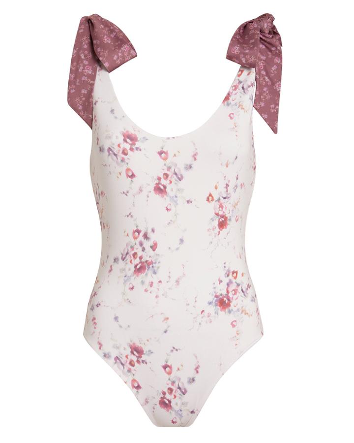Love Shack Fancy Loveshackfancy Posy Tie Shoulder Floral One Piece Swimsuit White/pink Floral P
