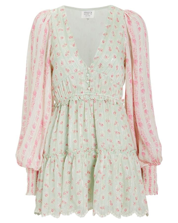 Hemant & Nandita Sana Long Sleeve Mini Dress Pink/mint P