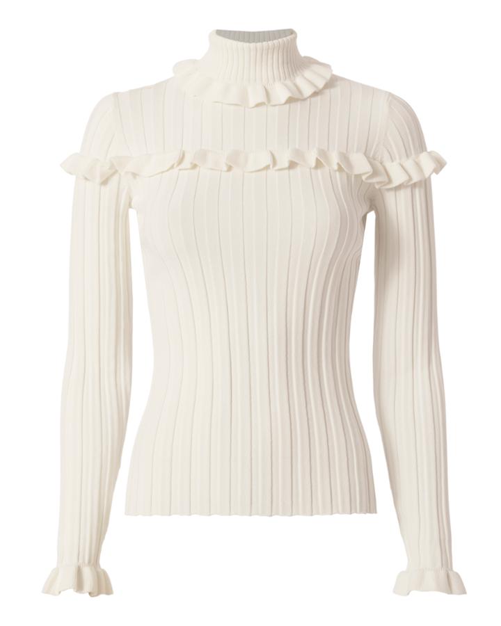 Intermix Cinq  Sept Tate Ivory Ruffle Rib Turtleneck Ivory P