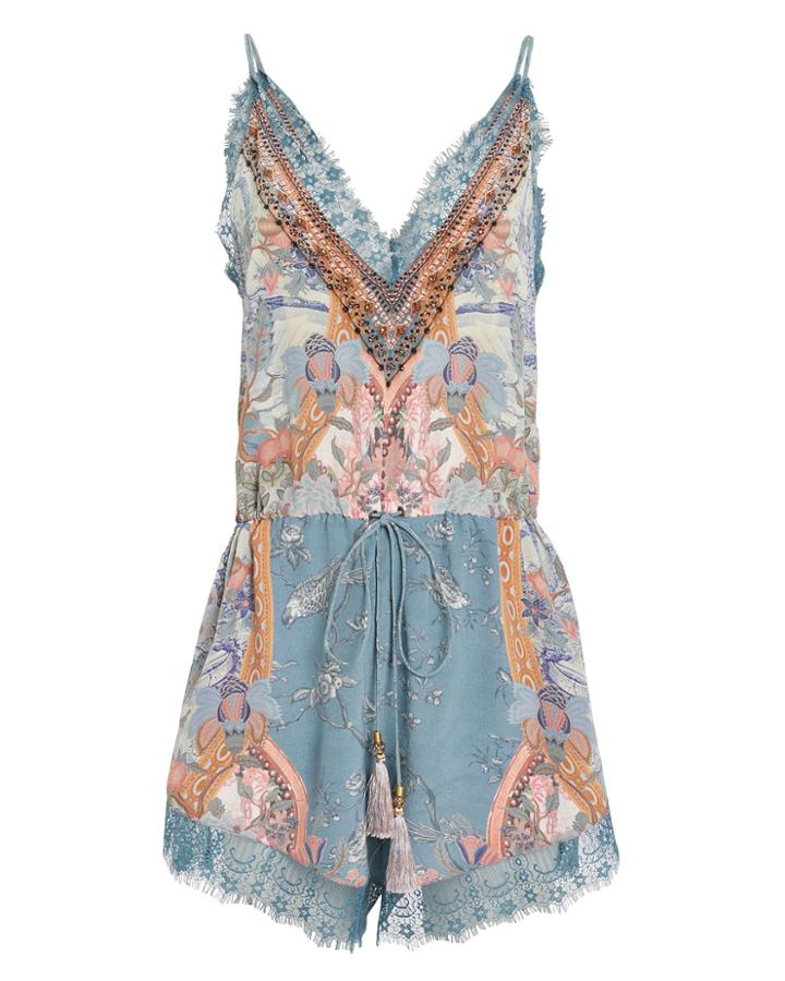 Camilla Lace Trim Printed Romper Blue/orange P