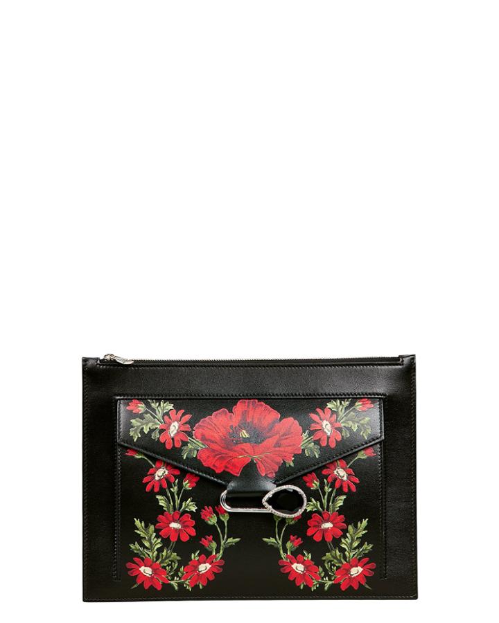 Alexander Mcqueen Pin Jewel Chain Floral Print Clutch Black 1size