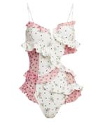 For Love & Lemons Naomi Ruffle One Piece Swimsuit Pink Floral M
