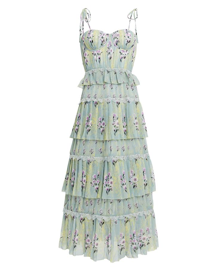Self-portrait Tiered Floral Chiffon Bustier Dress Mint 6