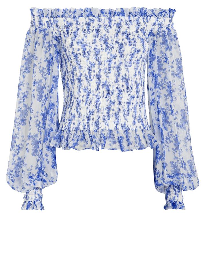 Caroline Constas Damaris Chiffon Off-the-shoulder Blouse White/blue Floral S