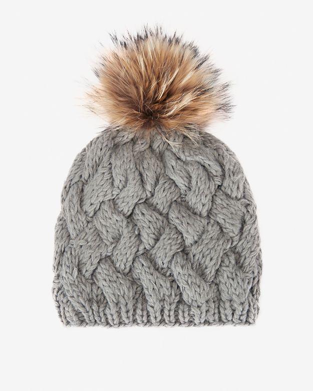 Annabelle New York Fur Pom Cross Stitch Knit Hat: Grey