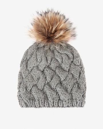 Annabelle New York Fur Pom Cross Stitch Knit Hat: Grey