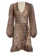 Ganni Printed Mesh Leopard Wrap Dress Brown 38