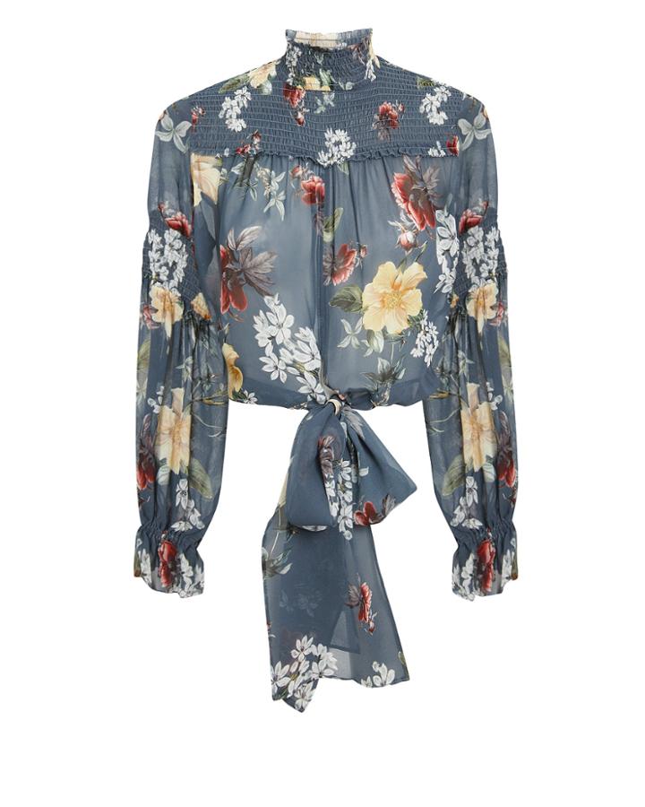 Nicholas Slate Floral Smocked Tie Waist Blouse Slate Blue Zero