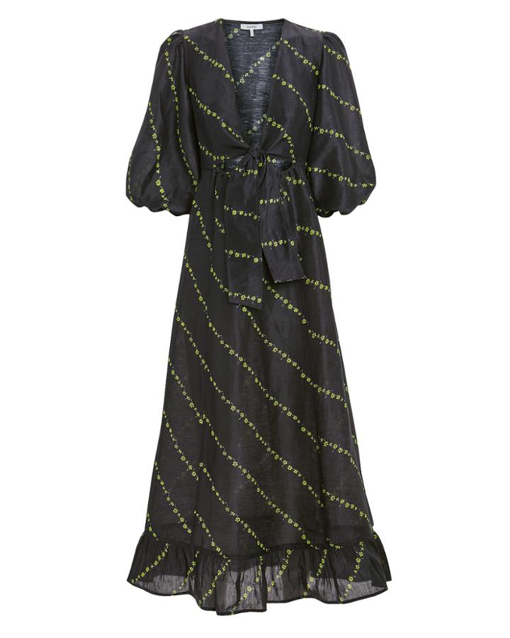 Ganni Linen Silk Floral Tie Front Dress Black 36
