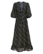 Ganni Linen Silk Floral Tie Front Dress Black 36
