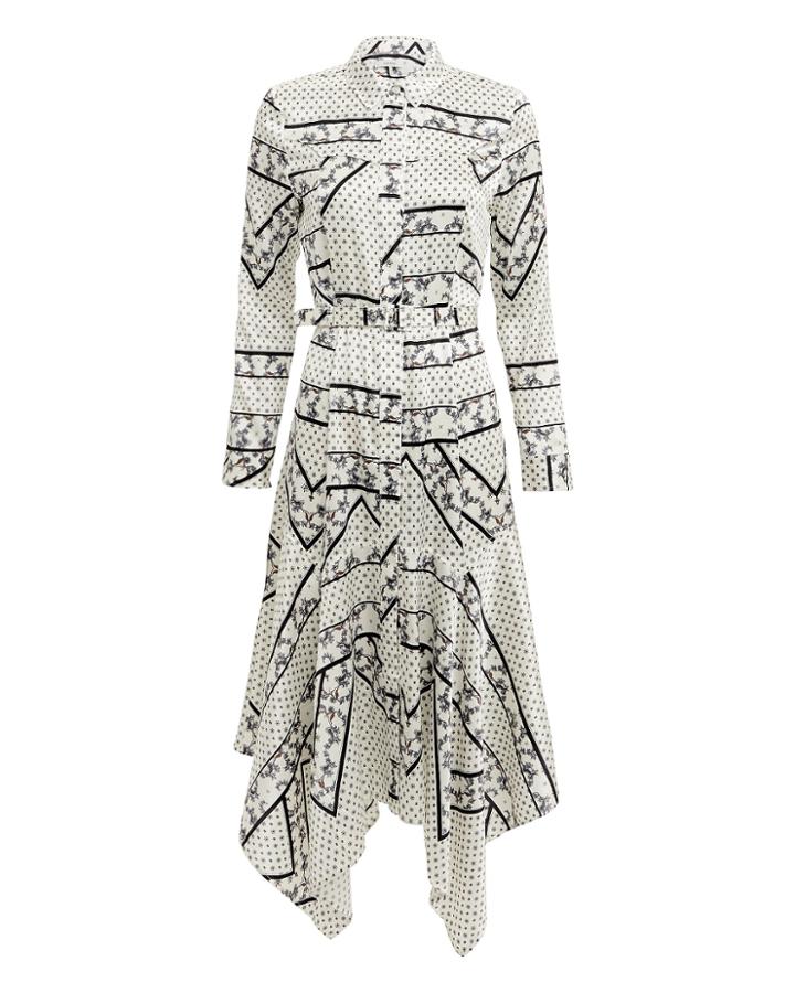 Ganni Silk Stretch Satin Egret Print Midi Dress Ivory 40