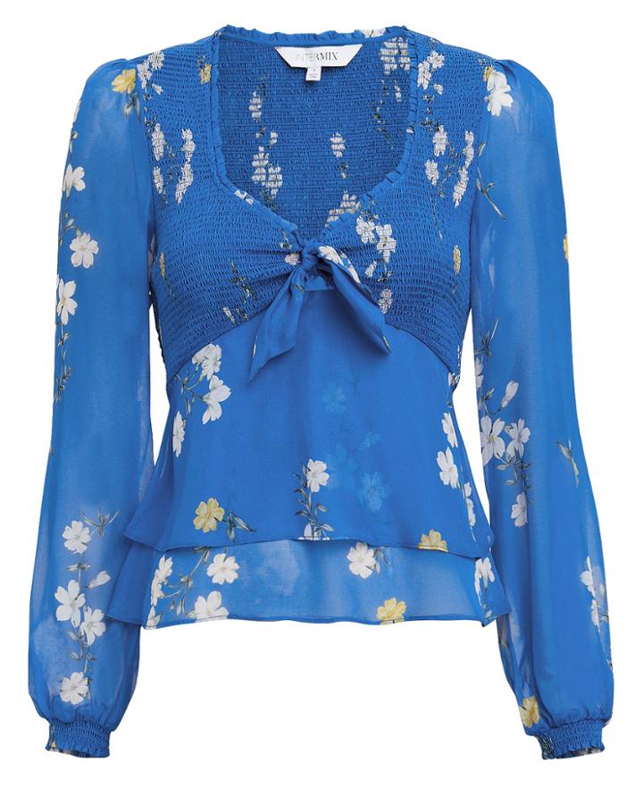 Exclusive For Intermix Intermix Lucia Smocked Top Blue/floral 8