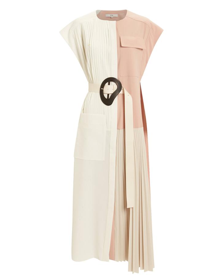 Tibi Edith Pleated Midi Dress Blush/ivory P