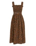 Nicholas Smocked Leopard Midi Dress Brown Leopard Print Zero