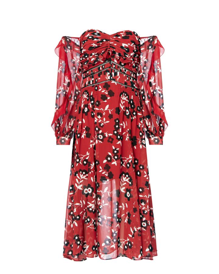 Self-portrait Floral Print Strapless Midi Dress Red 2