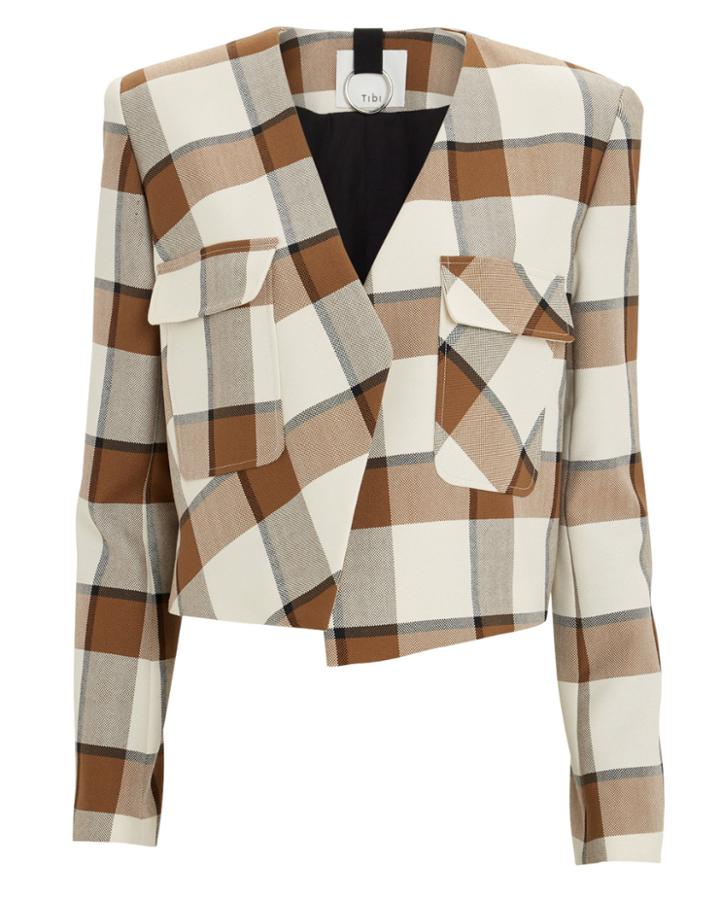 Tibi Dylan Cropped Plaid Blazer Brown/white/plaid 6